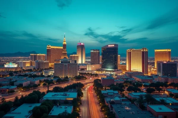 Wide Las Vegas skyline view at dusk