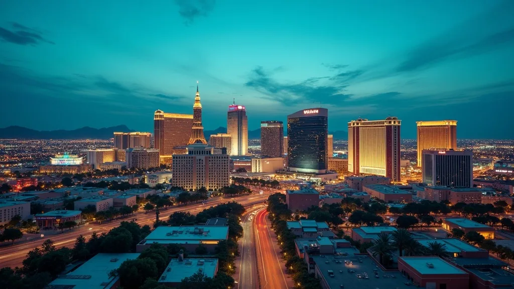 Wide Las Vegas skyline view at dusk