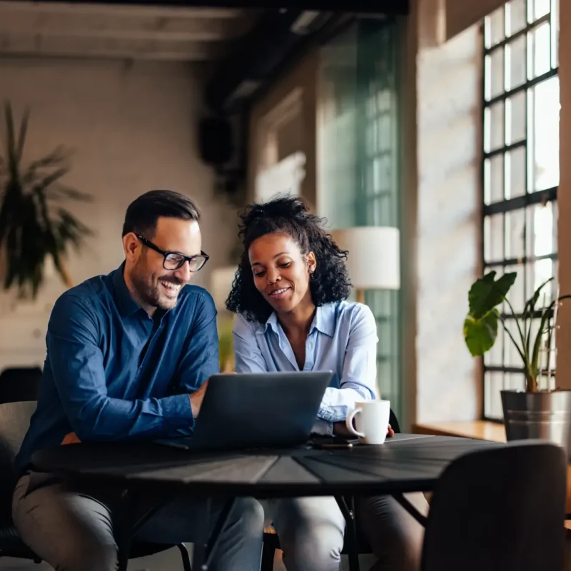 Two professionals collaborating at a laptop in a modern office with natural light and plants.