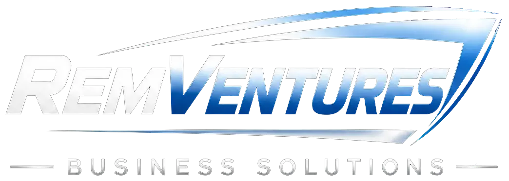 REM Ventures Business Solutions logo with blue gradient design and curved swoosh element.