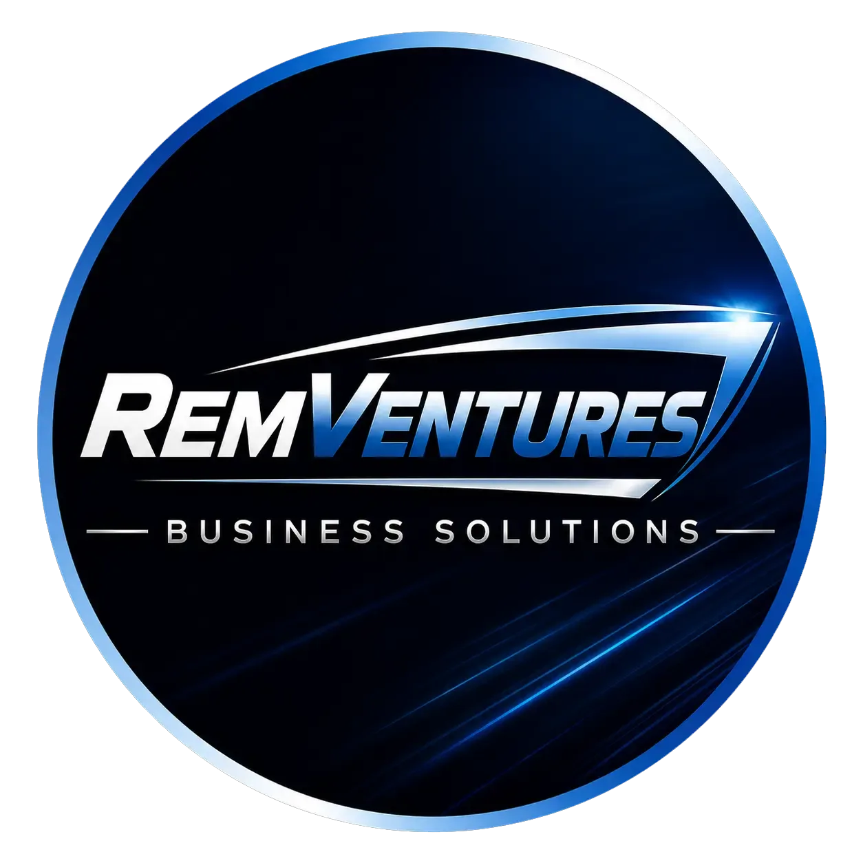 REM Ventures Business Solutions logo featuring blue and white text on a dark circular background with blue accent lines.